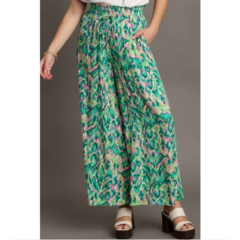 Umgee Pink Green Mixed Print High Waist Wide Leg Pants - Size: L NWT - Picture 2 of 4